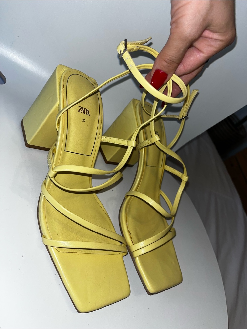 ZARA Lemon Yellow Strappy Block Heel Sandals